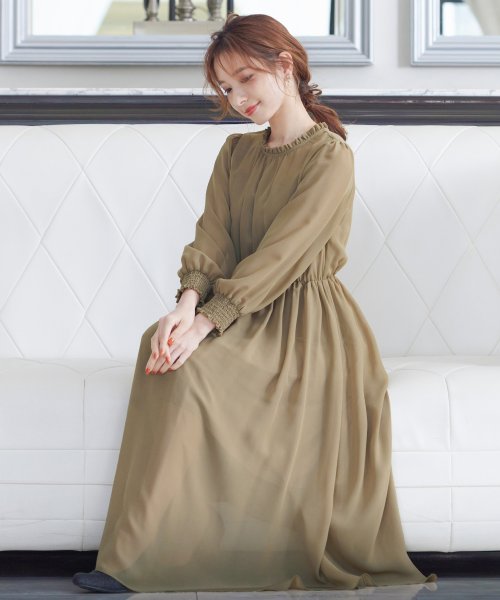 セール 10 Off 結婚式 ワンピース パーティードレス シンプル M L ゆったり 無地 マタニティ 妊婦 産前 産後 体型カバー ウエストゴム ミモレ丈 長袖 袖あり オケージ ニアナ Niana Magaseek