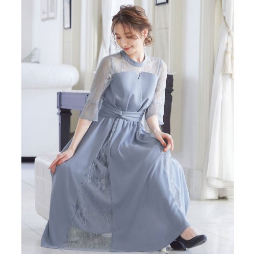 結婚式 ワンピース パーティードレス ビスチェ チュール ロング シアー 透け感 ハイネック スタンドネック スカラップ ウエストゴム 7分袖 袖あり オケー ニアナ Niana Magaseek