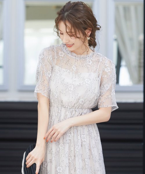 結婚式 ワンピース パーティードレス 花柄 チュール ロング 総レース シアー 透け感 ロングドレス ウエストゴム 5分袖 半袖 袖あり オケージョン 1 5 ニアナ Niana Magaseek
