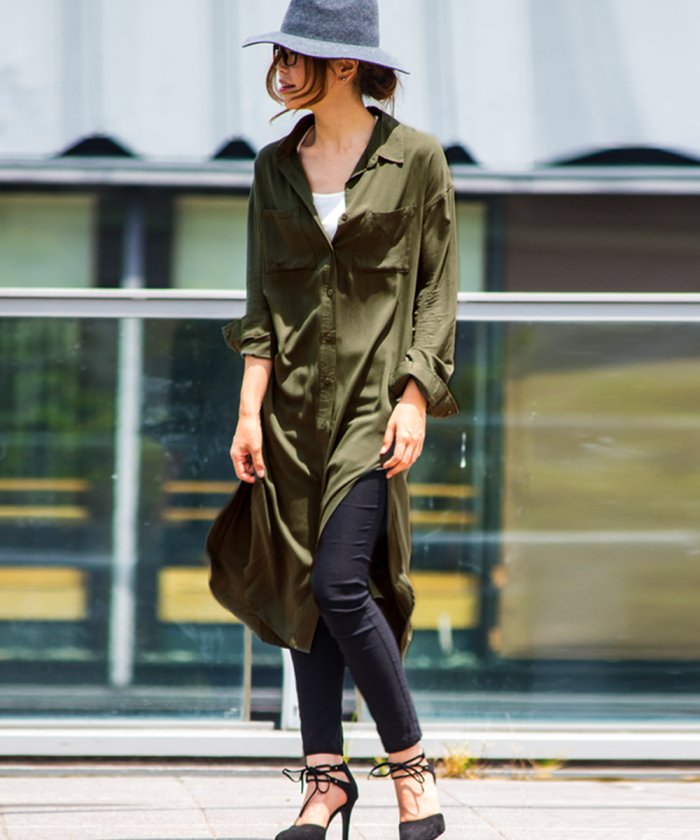 セール とろみシャツワンピース レトロワンピース ロングカーディガン 無地 長袖 スリット シャツワンピ ロングワンピース ラフ カジュアルロングシャツ ミリタリーシャ ファッションレター Fashion Letter Magaseek