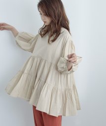 Fashion Letter(ファッションレター)/前後2way ティアード ブラウス チュニック レディース 半袖 七分袖 トップス Aライン フリル バンドカラー 体型カバー ぽわん袖 ボリューム袖 ゆったり/ライトベージュ