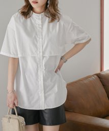 ケープデザインバンドカラーシャツ レディース シャツ 半袖 夏 おしゃれ 重ね着風 レイヤード トップス コットン 綿 ゆったり ラクチン 楽ちん お洒落 ビッ ファッションレター Fashion Letter Magaseek