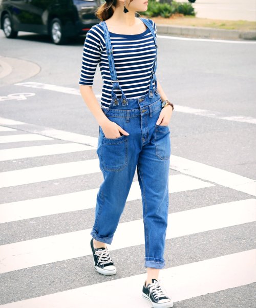 デニムサロペット サスペンダー付 デニムパンツ 大きいサイズ オーバーオール オールインワン 春服 春物 ゆったりジーンズ ストレートデニム 10オンス レディ ファッションレター Fashion Letter Magaseek