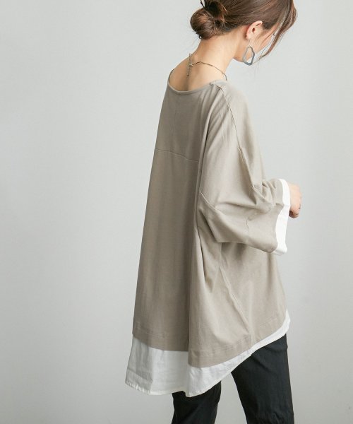 Fashion Letter(ファッションレター)/これ1枚着るだけで出せる洒落感。 レイヤードカットソー Tシャツ レディース カットソー ビッグシルエット 大きいサイズ M－L LL－3L 4L－5L ゆった/グレージュ