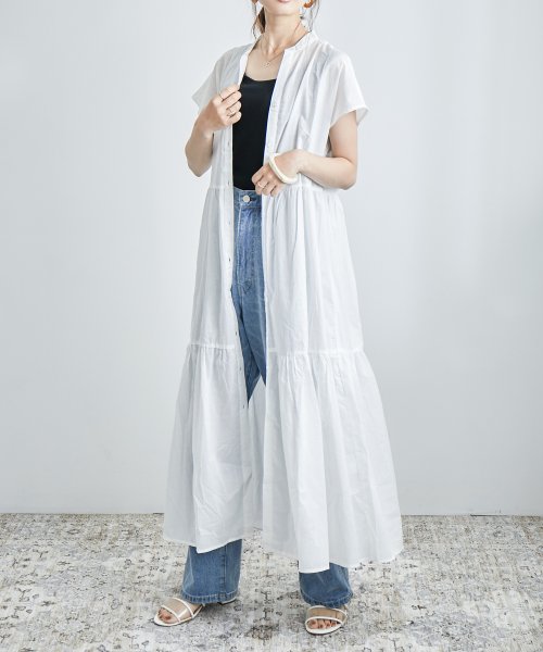 ティアード シャツワンピ ワンピース ブラウス レディース 半袖 シャツ Aライン フリル ロングワンピ ロング丈 体型カバー フレンチスリーブ ゆったり 無地 ファッションレター Fashion Letter Magaseek