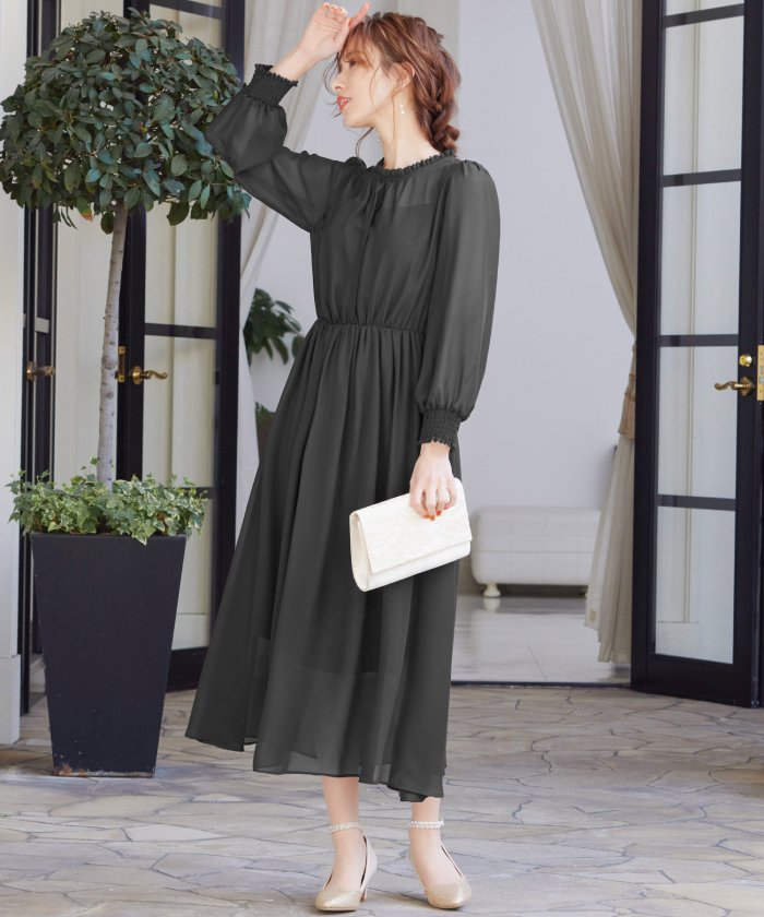 セール 結婚式 ワンピース パーティードレス シンプル M L ゆったり 無地 マタニティ 妊婦 産前 産後 体型カバー ウエストゴム ミモレ丈 長袖 袖あり オケージ ニアナ Niana Magaseek