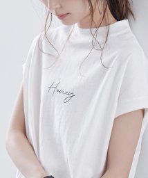 Fashion Letter(ファッションレター)/綿100％の肌馴染みと着心地のよさ。 コットンフレンチロゴtシャツ フレンチ袖 モックネック ヘビーウェイト さらさら 涼しい 二の腕 体型カバー 細見え レデ/アイボリー