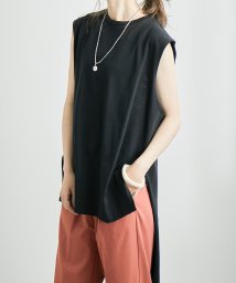 Fashion Letter(ファッションレター)/綿100％ バックテール ノースリーブ サイドスリット Tシャツ レディース トップス 袖なし ロング丈 ロンT カットソー タンクトップ インナー ビッグシル/ブラック