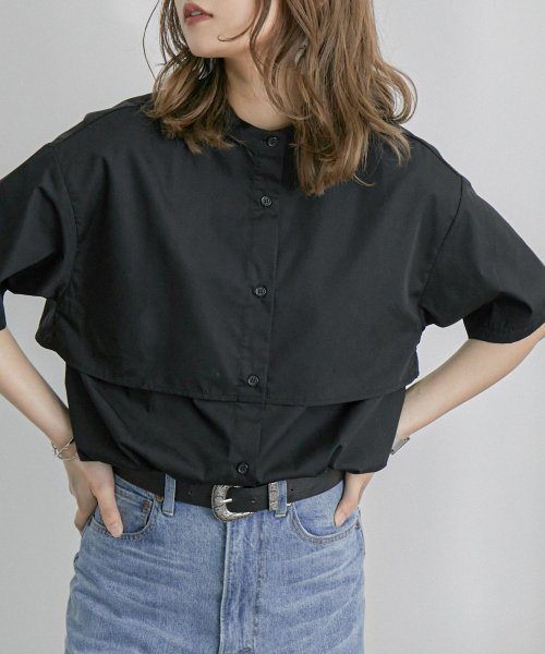 ケープデザインバンドカラーシャツ レディース シャツ 半袖 夏 おしゃれ 重ね着風 レイヤード トップス コットン 綿 ゆったり ラクチン 楽ちん お洒落 ビッ ファッションレター Fashion Letter Magaseek