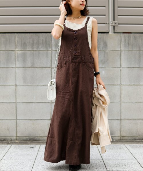 セール ワンピース ジャンスカ サロペット ミックスリネン 麻 ワンピ ジャンパースカート オールインワン ロング スカート マタニティゆったり 無地 シンプル 春 春 ファッションレター Fashion Letter Magaseek
