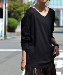 Fashion Letter(ファッションレター)/フライスVネックロンT　トップス　カットソー　レディース　長袖　綿　綿100　ロンT　M　L　LL　3L　4L　秋冬　AW/ブラック