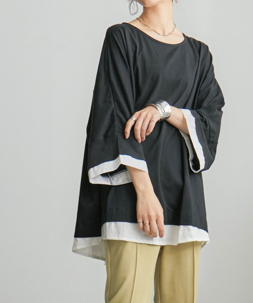 Fashion Letter(ファッションレター)/これ1枚着るだけで出せる洒落感。 レイヤードカットソー Tシャツ レディース カットソー ビッグシルエット 大きいサイズ M－L LL－3L 4L－5L ゆった/ブラック