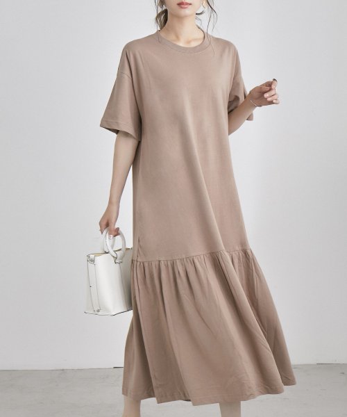 ふわっと揺れるティアードが可憐でお洒落 裾ティアード半袖ロングワンピース レディース ワンピ ワンピース ティアード カットソーワンピ ロング フレア プチプラ ファッションレター Fashion Letter Magaseek