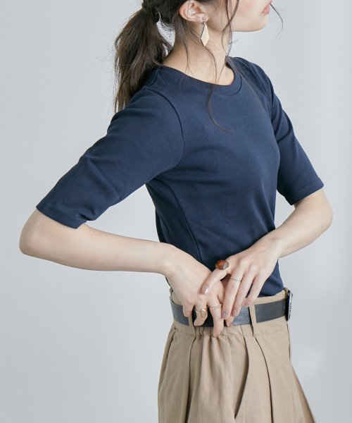 Fashion Letter(ファッションレター)/[M－4L]快適な着心地を実現。コットン100% 半袖 カットソー レディース Tシャツ インナー トップス 5分袖 シンプル 無地 色違い 伸びる 伸縮性 綿/ネイビー
