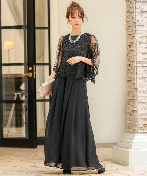 レーストップスワイドパンツドレス 結婚式 パンツドレス 袖あり セットアップ S M L Ll 大きいサイズ パーティドレス ミモレ丈ロング プリーツ レース ニアナ Niana Magaseek