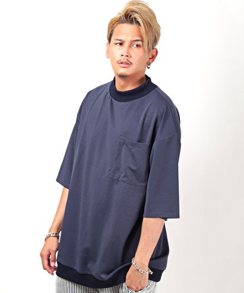 セール リンガーモックネックポケット付き半袖ビッグtシャツ Tシャツ メンズ 半袖 ポケット プリント ロゴ ビッグシルエット モックネック リンガー Bitter ビ ラグスタイル Luxstyle Magaseek