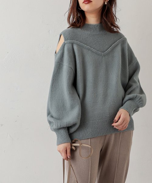 NICE CLAUP OUTLET(ナイスクラップ　アウトレット)/【natural couture】ショルダースリットブークレーニット/グリーン