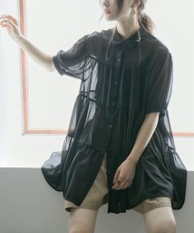 Fashion Letter(ファッションレター)/透け感を楽しむ、ティアードブラウス チュニック レディース 半袖 トップス シアー ジョーゼット Aライン フリル 体型カバー ぽわん袖 パフスリーブ ゆったり/ブラック