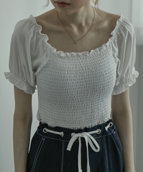セール シャーリングスクエアトップス トップス カットソー 半袖 シャーリング オフショルダー フリル 伸縮性 ゆったり スクエアネック エトル Etoll Magaseek