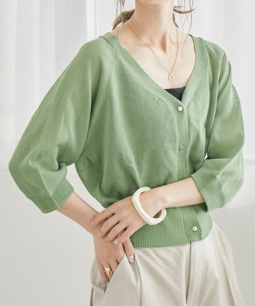 セール 10 Off シアー カーディガン レディース シアー素材 薄手 サマーニット 夏カーデ トップス 羽織 シンプル Vネック ショート丈 五分袖 七分袖 ボリューム袖 ぽわん ファッションレター Fashion Letter Magaseek