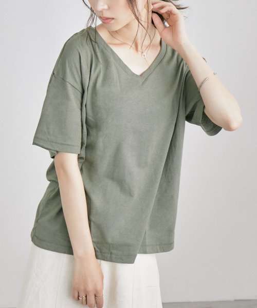 涼感抜群の着心地のよさ コットンリネンvネックカットソー Tシャツ ショート丈 レディース カットソー トップス 綿 麻 半袖 無地 インナー ベーシック シ ファッションレター Fashion Letter Magaseek