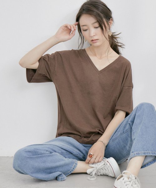 涼感抜群の着心地のよさ コットンリネンvネックカットソー Tシャツ ショート丈 レディース カットソー トップス 綿 麻 半袖 無地 インナー ベーシック シ ファッションレター Fashion Letter Magaseek