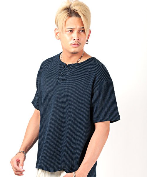 セール シアサッカーヘンリーネックtシャツ Tシャツ メンズ 半袖 シアサッカー ヘンリーネック 無地 ストライプ ラグスタイル Luxstyle Magaseek