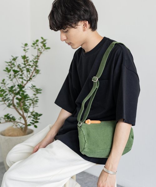 ショルダーバッグ メンズ レディース 本革 日本製 ロール ミニドラム コットンキャンバス 無地 綿 国産 アメカジ 反応染め 栃木レザー 斜め掛け 肩かけ ギ ロッキーモンロー Rocky Monroe Magaseek