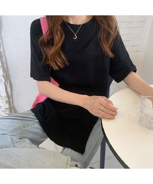 Beststore(ベストストア)/ベーシックTシャツクルーネックＶネックＴシャツ トップス 大きいサイズ 夏服 韓国ファッション シンプル半袖 無地 大人気可愛いtシャツ 抜け感 通勤t コット/ブラック