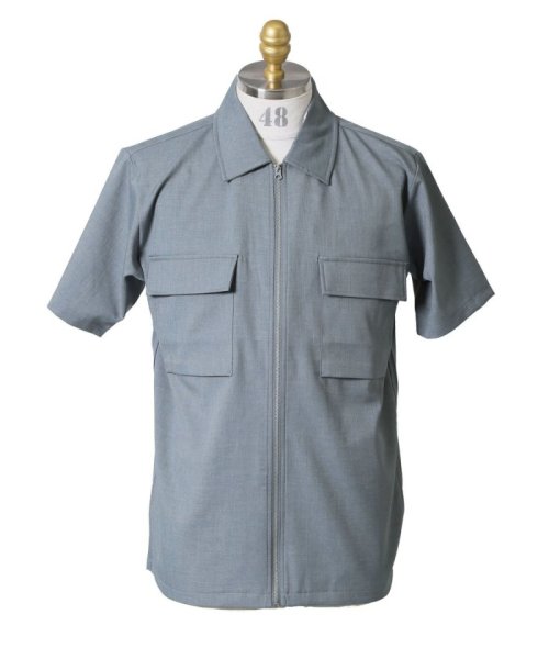 TAKA-Q(タカキュー)/ポリトロ Wポケット半袖ジップシャツ/グレー