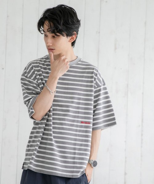 coen(coen)/TCボーダー刺繍Tシャツ/MDGRAY