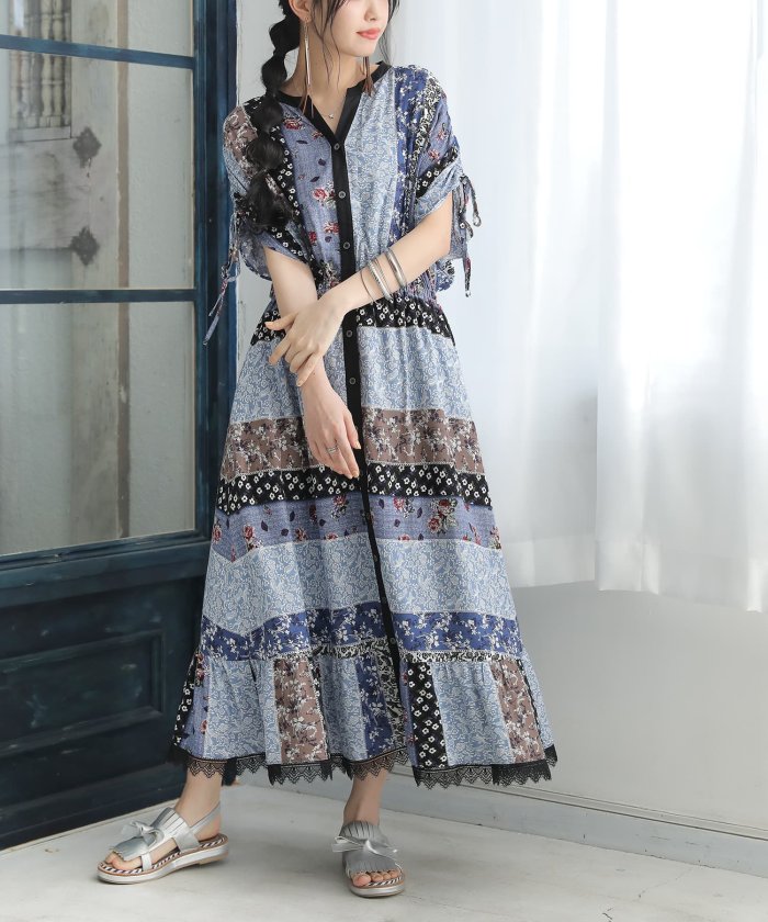 ドロスト袖パッチワーク風ワンピース オシャレウォーカー Osharewalker Magaseek