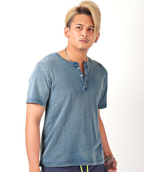 ヘンリーネックデニムtシャツ Tシャツ メンズ 半袖 ヘンリーネック デニム インディゴ ラグスタイル Luxstyle Magaseek