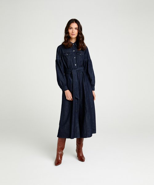 セール シスレー レディス Sisley デニムインディゴ長袖シャツワンピース Magaseek