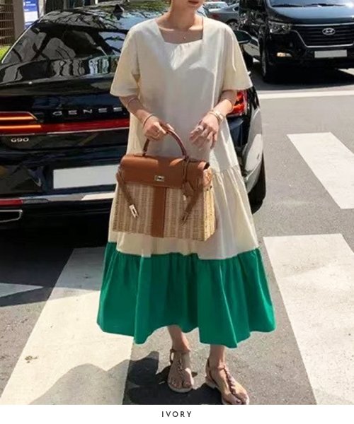 ワンピース 配色 ティアードワンピース ロングワンピース 半袖 バイカラー 韓国 ファッション スクエアネック配色ロングワンピース フューティアランド Futier Land Magaseek