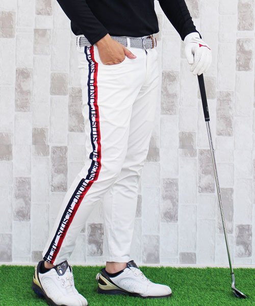 TopIsm(トップイズム)/ゴルフパンツ メンズ ゴルフウェア ストレッチ サイドライン カラー配色 ロゴ刺繍 チノ スキニーパンツ/ホワイト
