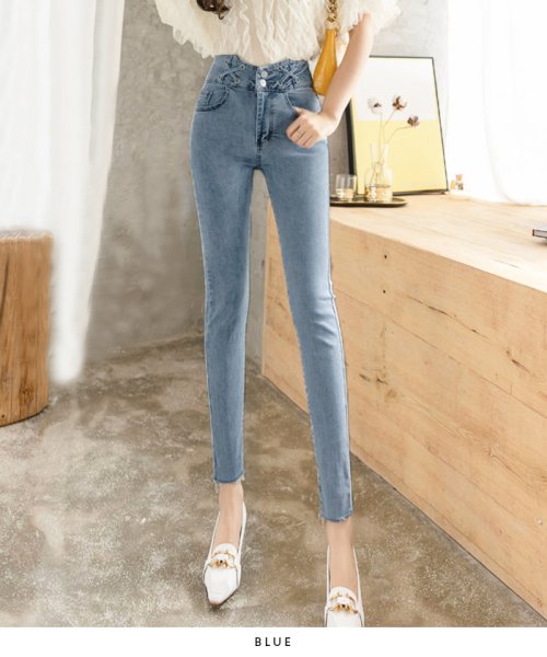 デニム ハイウエストパンツ ハイウエストデニム レースアップ スキニー スキニーデニム スキニーパンツ パンツ ボトム 韓国 ファッション ハイウエストスリ フューティアランド Futier Land Magaseek