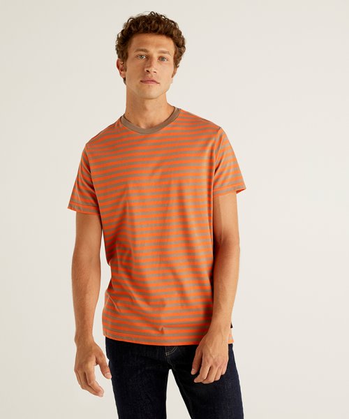 BENETTON (mens)(ベネトン（メンズ）)/クルーネックボーダー半袖Tシャツ・カットソー/オレンジ