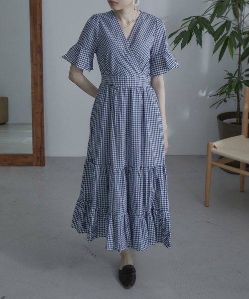 ギンガムチェックティアードワンピース レディース フレア ワンピース 半袖 シンプル チェック柄 ロングワンピース ティアードワンピ コットン カシュクール エトル Etoll Magaseek