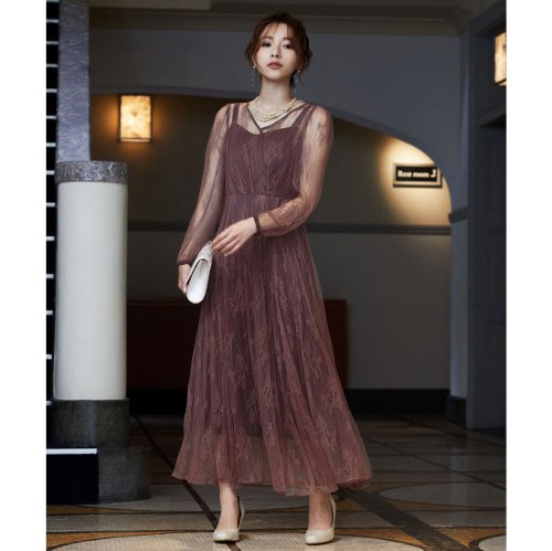 結婚式 ワンピース パーティードレス 花柄 レース ロング 総レース 透け感 ウエストゴム カシュクール カジュアル ロング丈 ミモレ丈 シアー 大人 7 ニアナ Niana Magaseek