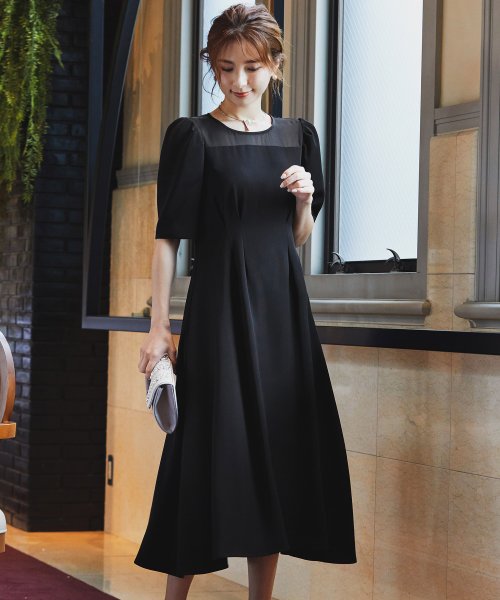 結婚式 ワンピース パーティードレス ロング シアー シンプル タックりスリーブ 無地 透け感 カジュアル ロング丈 ミモレ丈 シアー 袖 袖あり オケージョン ニアナ Niana Magaseek