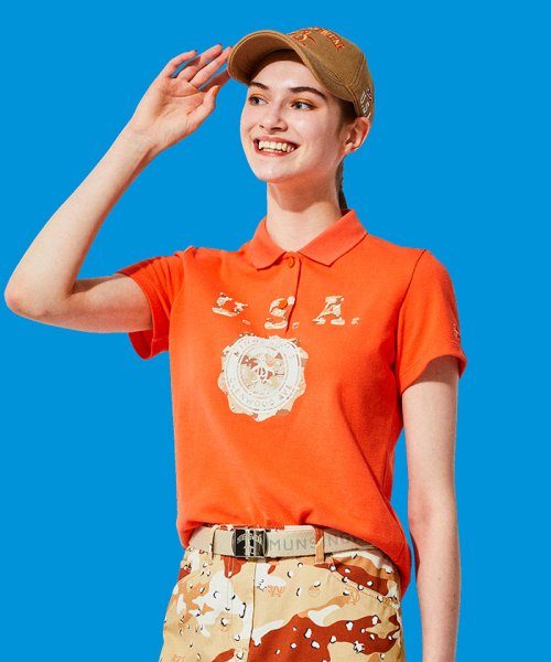 Munsingwear(マンシングウェア)/ビッグ鹿の子 カレッジロゴ 半袖シャツ【サンスクリーン/吸汗速乾】【アウトレット】/オレンジ系