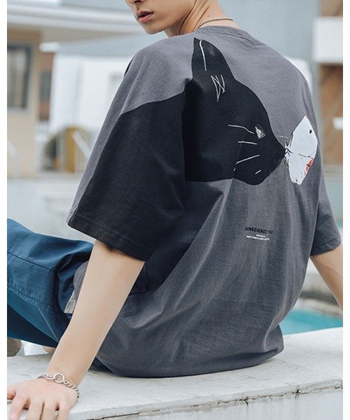 HOOK(HOOK（フック）)/HOOK 大人気オリジナルプリント　猫と蝶々柄ビックTシャツ/グレー