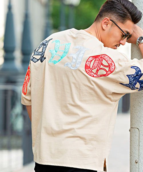 セール Tシャツ メンズ 半袖 ブランド 大きめ 大きいサイズ ティーシャツ ペイズリー アップリケ 刺繍 クルーネック モンスターシルエット ビッグシルエット トップ キャバリア Cavaria Magaseek