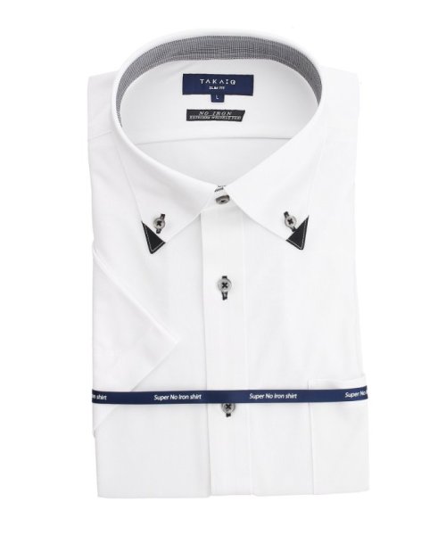 TAKA-Q(タカキュー)/ノーアイロンストレッチ スリムフィット ボタンダウン 半袖ニットシャツ/ホワイト