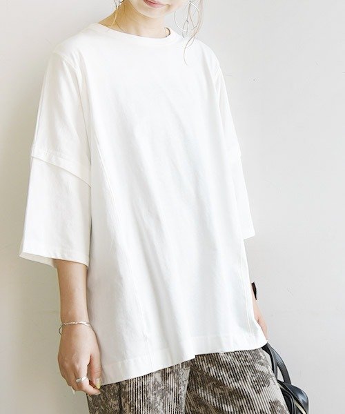 and it_(アンドイット)/Tシャツ レディース 半袖 オーガニックコットン切替ワイドTシャツ【M－L】春夏 トップス カットソー オフホワイト ベージュ ブラック キャメル 黒 白 Tシ/オフホワイト