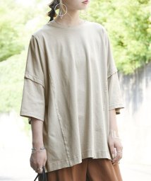 and it_(アンドイット)/Tシャツ レディース 半袖 オーガニックコットン切替ワイドTシャツ【M－L】春夏 トップス カットソー オフホワイト ベージュ ブラック キャメル 黒 白 Tシ/ベージュ