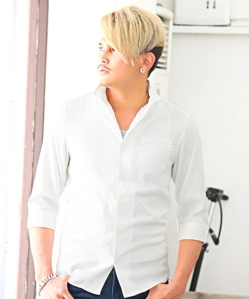 セール イタリアンカラー7分袖ダブルストライプシャツ イタリアンカラー シャツ メンズ 7分袖 七分袖 ダブルストライプ ラグスタイル Luxstyle Magaseek