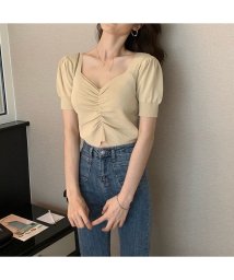 Beststore/ニットソー半袖 ショートｖネック ニットソー トップス サマーニット 薄く軽い Tシャツ パフスリーブ 無地 大人気可愛いニットソー 韓国ファッション 春 夏 /504208157