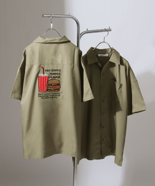 ZIP FIVE(ジップファイブ)/【q21－114－22d】バック刺繍オープンカラー半袖シャツ/オリーブ